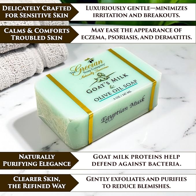 The Grecian Soap Company Goat Milk & Olive Oil Soap Bar 3-Pack – Egyptian Musk Scent, Natural Bar Soap for Dry & Sensitive Skin, Moisturizing & Nourishing Body Soap Bars, Made in USA, Goat Milk Soap