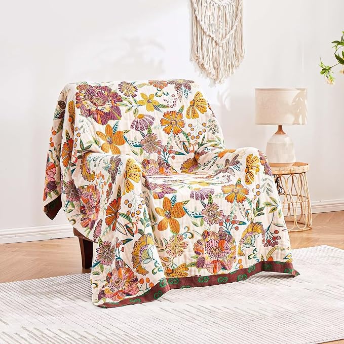 XIBLC Boho Throw Blanket, 100% Cotton Ultra Soft Luxury Throw Rustic Quilt, 60"x80" Floral Printed Farmhouse Decor Bed Summer Blankets, All Season Rustic Reversible Bohemian Throw for Bed - White