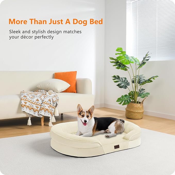 Dwanton Orthopedic Waterproof Medium Dog Bed Sofa, Gel Memory Foam, 36" | Egg-Crate Foam Dog Sofa, Washable Pet Bed with Four Sided Bolster Cushion, Removable Cover & Non-Slip Bottom, Beige