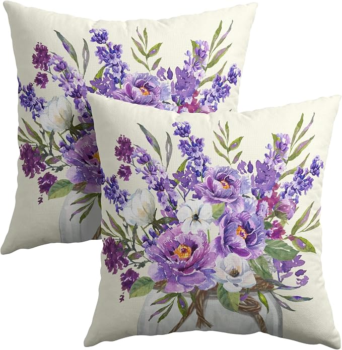 Kawani Lavender Flowers Throw Pillow Covers 22x22 Inch 2Pcs Watercolor Summer Purple Floral Leaves Mason Jar Farmhouse Pillowcases Cotton Linen Cushion Cover for Couch Sofa Bed Home Decor