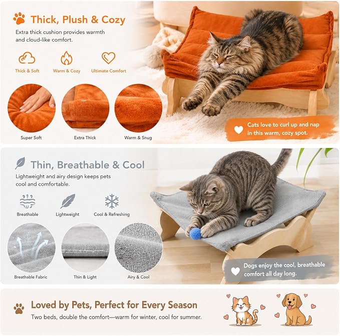 Elevated Cat Bed Wooden with Removable Washable Cushion | Solid Wood Raised Pet Lounge for Indoor Cats and Small Dogs, Cat Furniture for Living Room, Multi Pet Homes