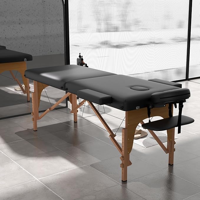 Massage Table, Portable 2 Section Foldable Tattoo Bed, Height Adjustable Lash Spa Bed with Face Cradle, Home Light Weight Facial Salon Bed with Wood Frame, Black
