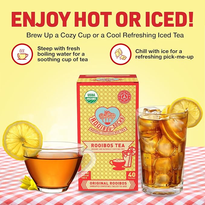 Caffeine Free Red Rooibos Tea Bags 40 - Naturally Sweet Herbal Tea Safe for Children and Pregnant Women - Low Tannin, Premium Organic Rooibos Tea Sustainably and Ethically Farmed in South Africa