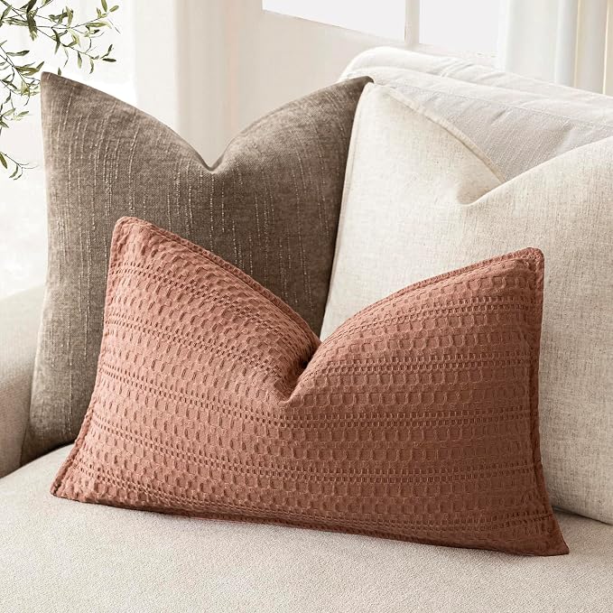Foindtower Set of 2 Decorative Cotton Waffle Weave Lumbar Throw Pillow Covers Euro Shams Cushion Covers Accent European Pillowcase for Bed Couch Bedroom Living Room Home Decor 12×20 Inch Coral Pink