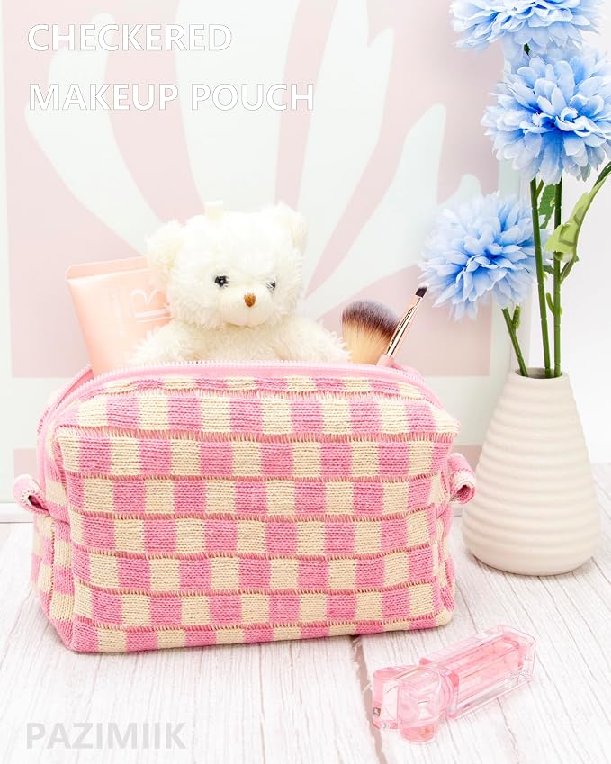 PAZIMIIK 2PCS Checkered Makeup Bag for Purse Portable Zipper Make Up Pouch Small Cosmetic Case for Travel Accessories Pink Beige