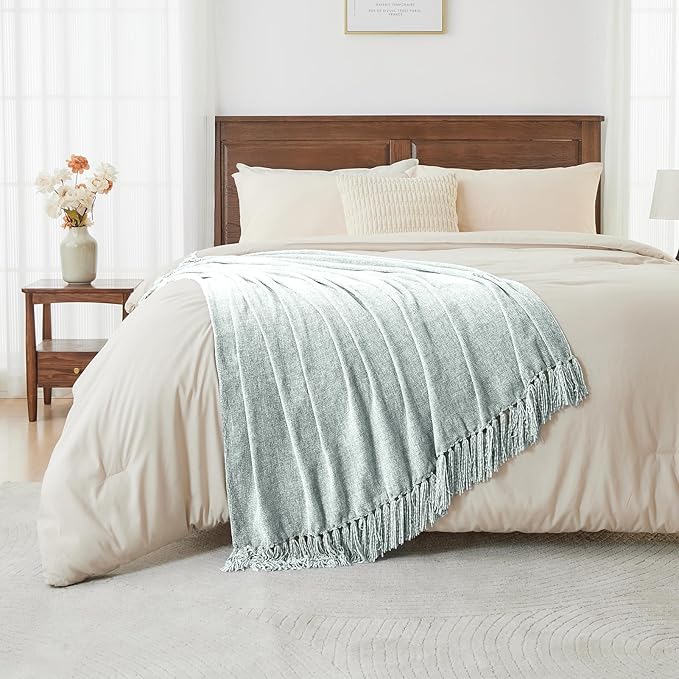 CozeCube Chenille Throw Blanket, Baby Blue Fringe Blanket, 60"X80" | For Couch, Cozy Plush Fuzzy Decorative Blanket with Fringe Tassels, Lightweight Throws for Bed Sofa Gift Home Decor