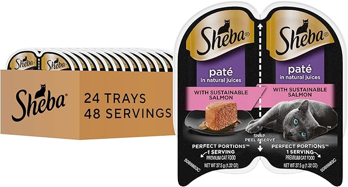 Sheba Perfect Portions Pate Wet Cat Food, Sustainable Salmon, 2.6 oz, 24 ct | Grain-free, made in USA, Sustainable salmon, no fillers or artificial flavors, complete & balanced, twin-pack trays