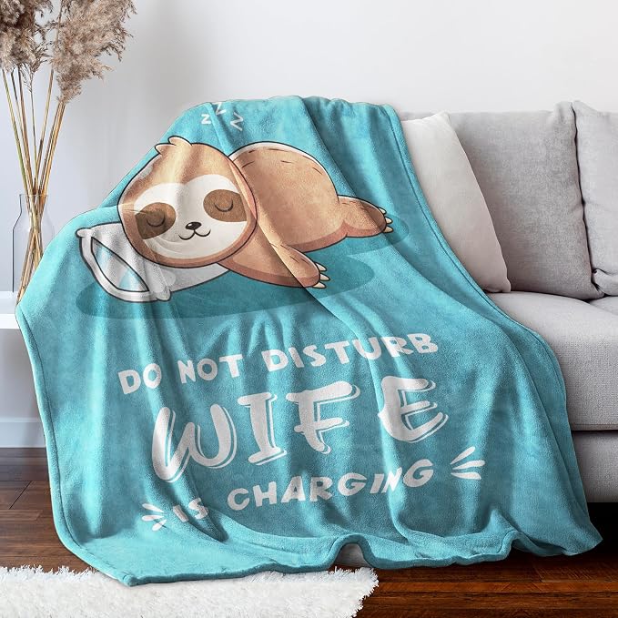 Leebbsin Funny Gifts for Wife, Anniversary Wedding Gifts for Wife | Wife is Charging Sloth Blanket 60" x 50", Cyan, Christmas Mothers Day Birthday Gift for Wifey from Husband