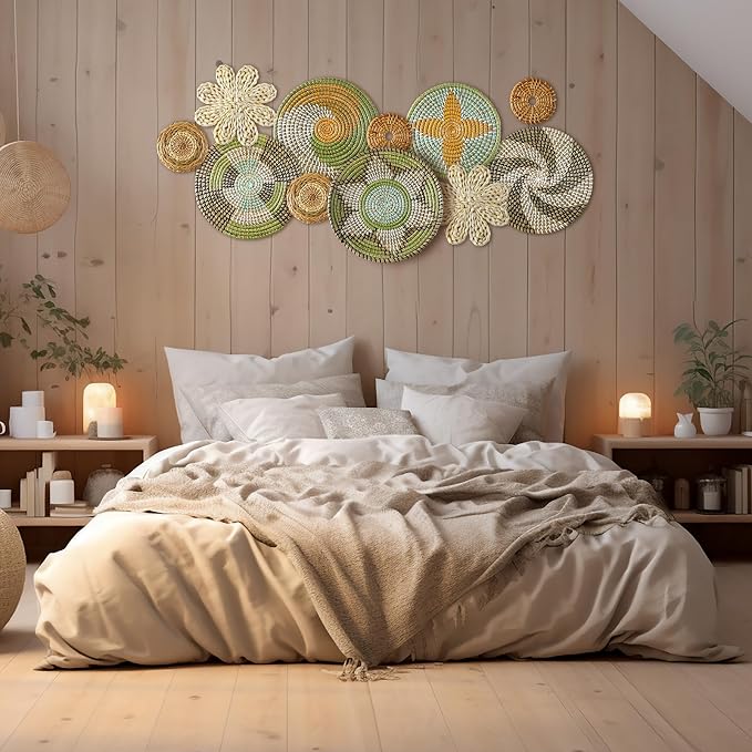 Tatuo 11 Pcs Boho Wall Basket Decor Bulrush Woven Wall Hanging Art Round Farmhouse Rustic Handmade Wicker for Summer Home, Bedroom, Living Room, Kitchen Decorations, Multi Sizes(Stylish)