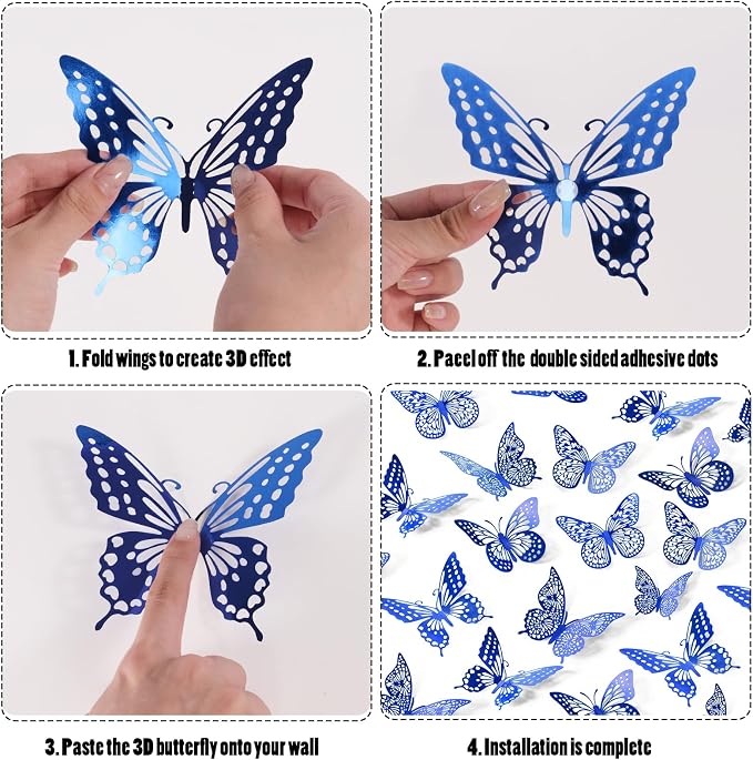 SAOROPEB Butterfly Wall Stickers, 48 Pcs 4 Styles 3 Sizes, Metallic Paper, Removable, Navy Blue, Art Deco Decor for Wall | 4 Styles 3 Sizes, Butterfly Birthday Decorations Butterfly Party Decorations Cake Decorations, Removable Stickers