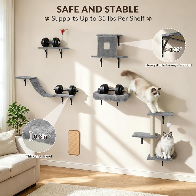 Cat Wall Shelves, 6 in 1 Cat Wall Furniture Set with Condos House, Bed, Bridge, Tree, Steps, Scratching Board, DIY Walls Playground for Indoor (Gray)