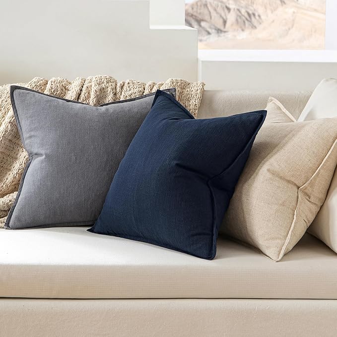 MIULEE Decorative Linen Pillow Covers 22x22 Inch Navy Blue | Boho Farmhouse Neutral Couch Throw Pillows for Bed, Pack of 2 Accent Coastal Modern Pillowcases, Sofa Livingroom Home Decor