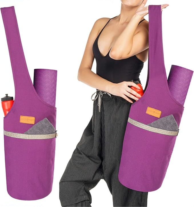 ALLEN & MATE 100% Cotton Canvas Yoga Mat Bag - Shoulder Strap Carrier Large Size Pocket Zipper Storage Yoga Bag holds more Accessories & Pilates Mats