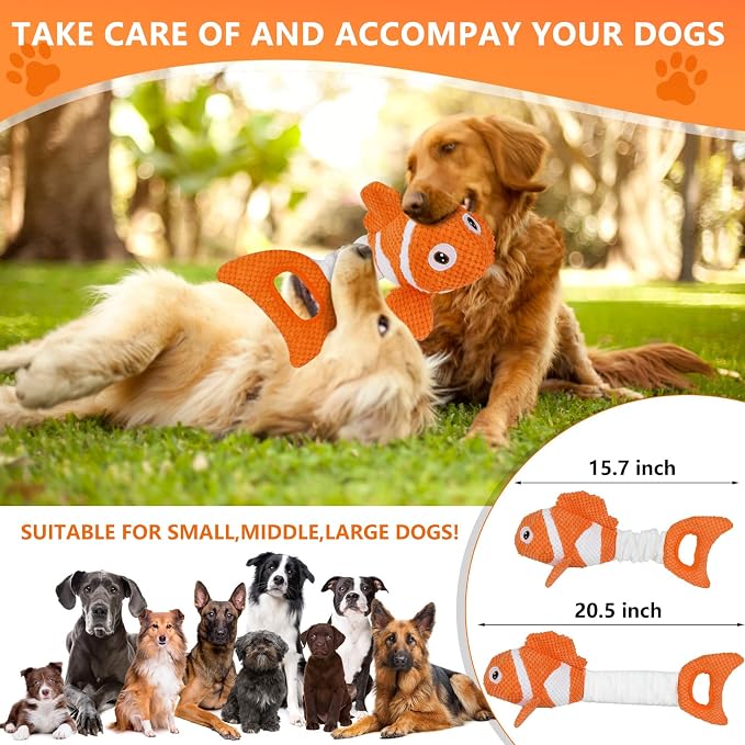 Squeaky Clownfish Dog Toy, Plush Crinkle Tug Toy with Handle