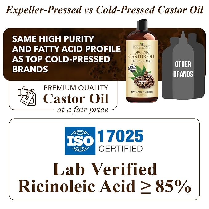 Handcraft Blends Organic Castor Oil 16 Fl Oz | Roll on Bottle | 100% Pure and Natural | Premium Grade Carrier Oil | Hair, Eyelashes and Eyebrows | Hair and Body | Expeller-Pressed | Hexane-Free