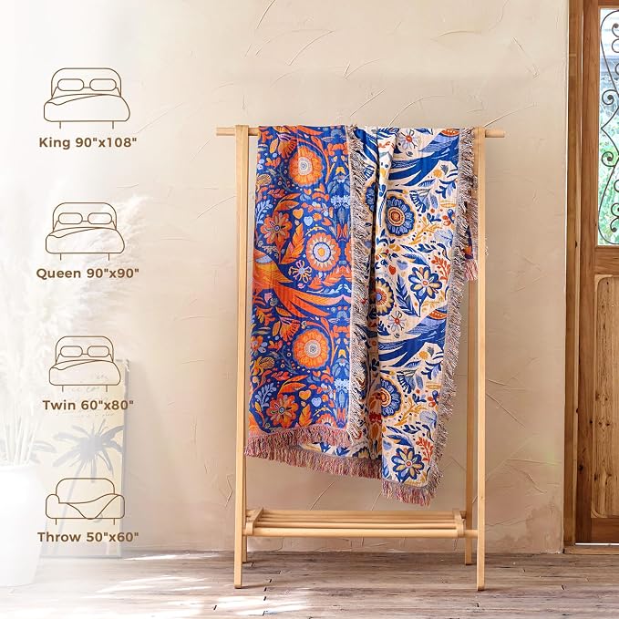 LUTBM Boho Throw Blanket for Couch 50"x60", Cotton Decorative Bed Throw | Reversible Floral Bird Jacquard, All-Season Muslin Blankets, Lightweight Breathable Gauze, For Chair Sofa Living Room Decor