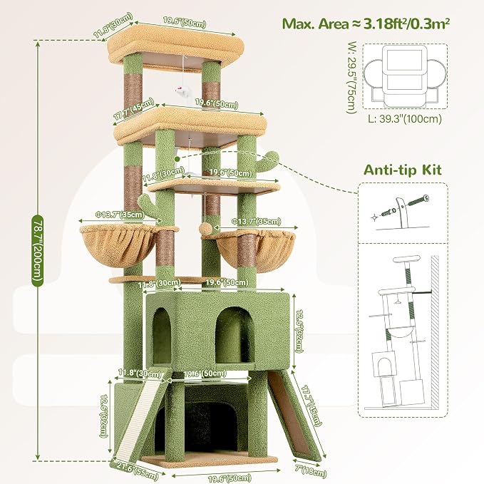 Globlazer Heavy Duty Cat Tree 78 inch Sturdy Cactus Cat Tower for 20lbs Large Adult Cats, Symmetrical Aesthetic Big Cactus Cat Tree with Extra Large Platform, 2 Scratching Boards, Z78, Green