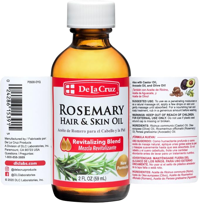 De La Cruz Rosemary Oil Blend Moisturizer with Castor, Avocado and Olive Oil, Glass Bottle, for Hair and Skin, 2 FL. OZ.