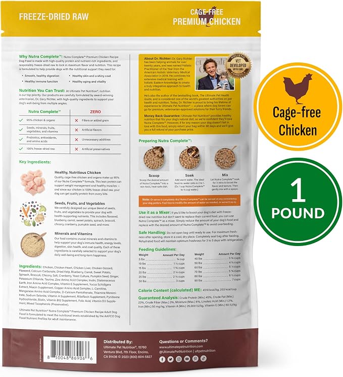 ULTIMATE PET NUTRITION Nutra Complete Freeze-Dried Dog Food, Chicken 1lb | Vet-formulated with antioxidants, prebiotics, & amino acids, full meal or topper for adult canines, all breeds & sizes
