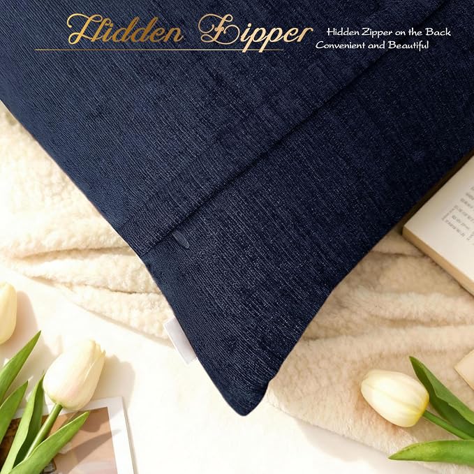 BRAWARM Chenille Throw Pillow Covers 16x16 Inches, Navy Blue, 2 Pack | Decorative Pleated Pillow Covers, Soft Cushion Cases for Sofa Bed Living Room Home Farmhouse (No Insert)