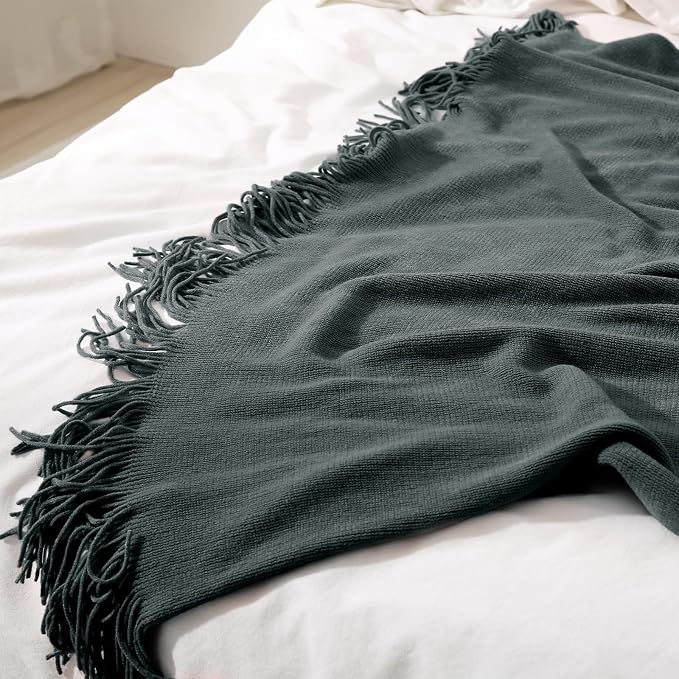 Homiest Charcoal Grey Knitted Throw Blanket with Fringe, 50x60 Inch | Pure Acrylic, Lightweight & Breathable, All-Season Use, Machine Washable, Wrinkle & Fade Resistant, for Couch Sofa And Bed