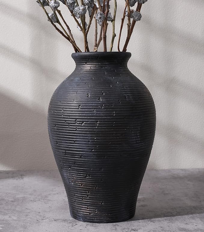 Ceramic Flower Vase Home Decor, 9 in Farmhouse Table Vases Rustic Vintage Living Room Kitchen Bedroom Pottery Decorative Vases for Flowers House Shelf Office Coffee Desk Dining Entryway, Black Gold