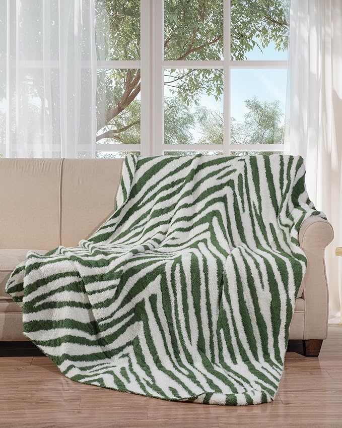 Knit Throw Blanket for Couch, Soft Cozy Fluffy Knitted Blanket for Sofa, Bed, Gift for Women Girls Home Decor (Zebra-Green, Twin 60"x80")