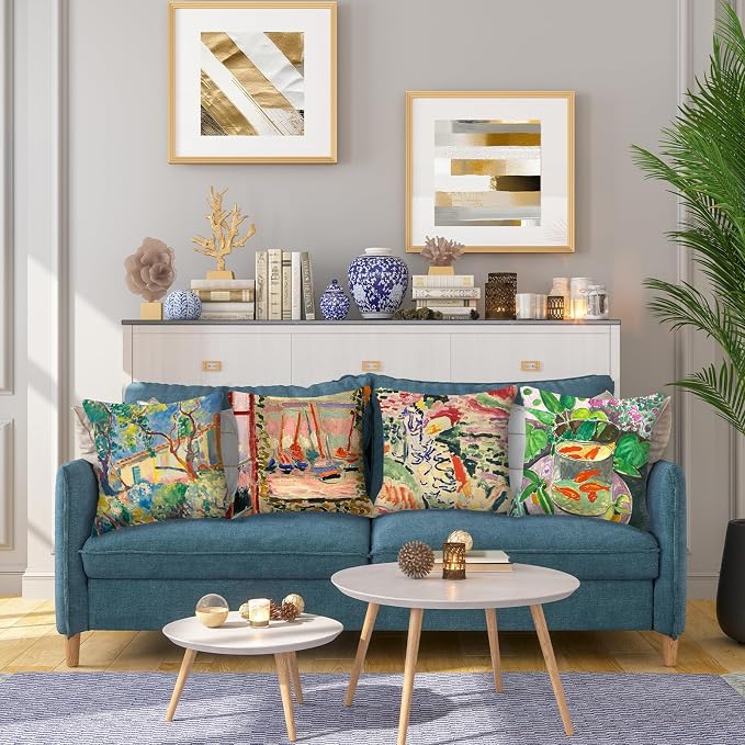 Matisse Painting Throw Pillow Covers 18x18 inches Set of 4 Abstract Art Painting Pillow Cases Aesthetic Decorative Cushion Covers for Sofa Couch Living Room
