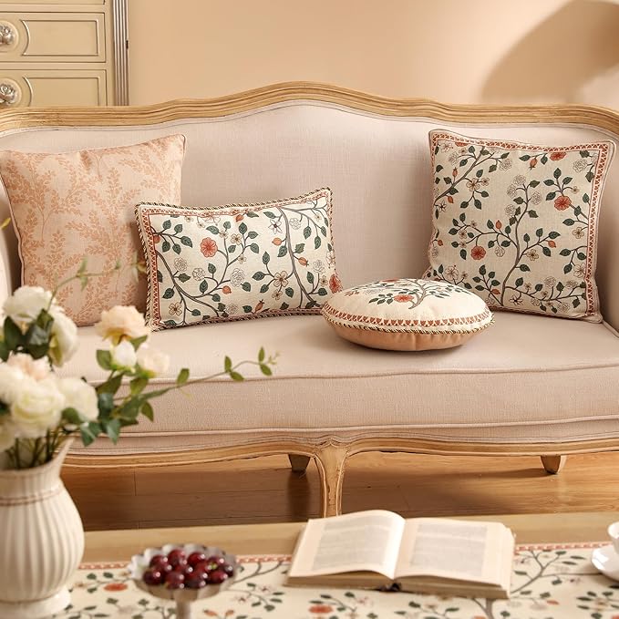 Designer Elegant Linen Throw Pillow Cover,Set of 2,20"x12"-Flora A | French Rectangle Decor Pillow Cover,Concealed Zipper Design,Floral Pattern,Sofa,Bedroom,Living Room,Lounge Chairs
