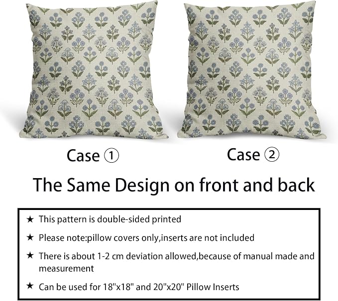 Blue Green Block Print Pillow Covers 22x22 Inch Set of 2, Vintage Floral Spring Decorative Throw Pillow Cases Boho Cushion Covers Rustic Decoration Gift Farmhouse Sofa Couch Bed Decor