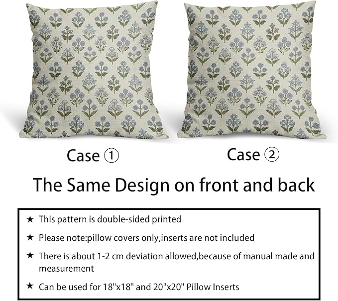 Blue Green Block Print Pillow Covers 16x16 Inch Set of 2, Vintage Floral Spring Decorative Throw Pillow Cases Boho Cushion Covers Rustic Decoration Gift Farmhouse Sofa Couch Bed Decor