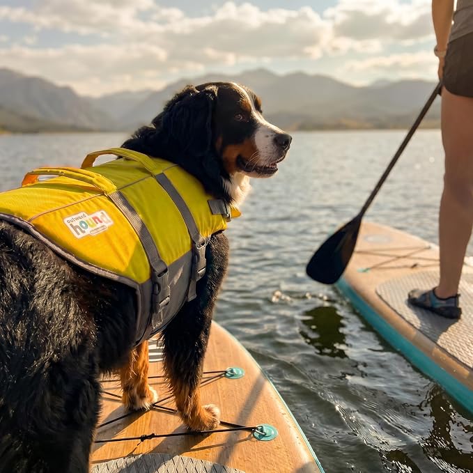 Outward Hound Granby Splash Dog Life Jacket, Life Vest, Yellow, XL | Max Buoyancy, Adjustable Fit, Head/Neck Support, Rescue Handle, Reflective, Swimming & Boating, XL Dogs (33–44" Girth)