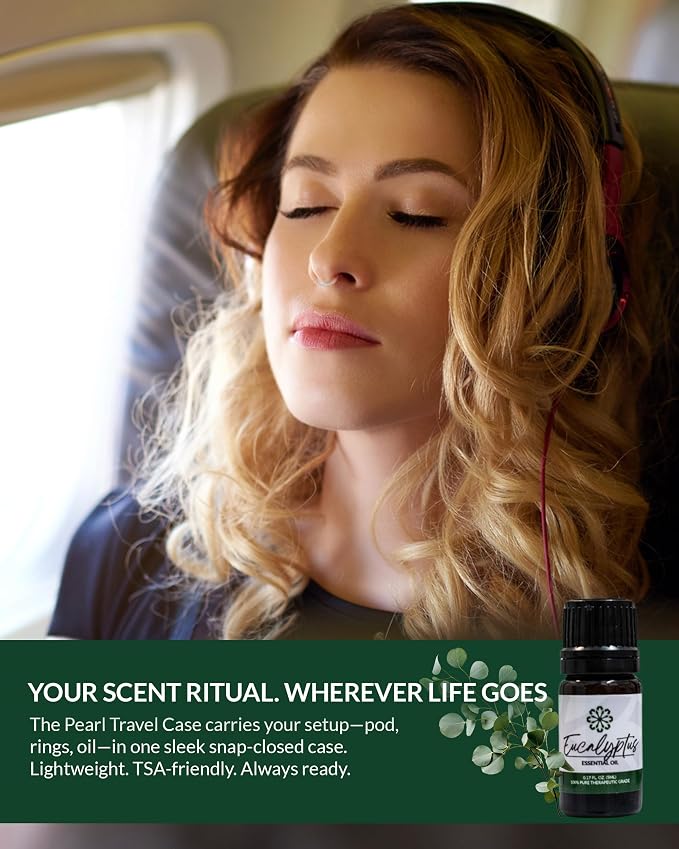 Essence Pearl Travel Case | Eucalyptus Essential Oil | Aromatherapy Nasal Diffuser & Essential Oil Carrying Case | Refreshing Eucalyptus Scent | Travel-Friendly Kit | Black Pod