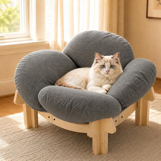 Elevated Cat Bed Wooden Frame, Sofa Furniture with Washable Cushion (Gray) | Soft Beds with Extra Filling prevent flattening, while Stable Wooden Frame with Base Board supports 50 lbs for Kitty & Puppy.