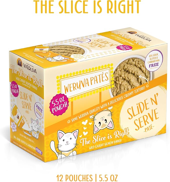 Weruva Wet Cat Food, The Slice is Right with Wild Caught Salmon Pate, 5.5oz Slide N Serve Pouch, Pack of 12