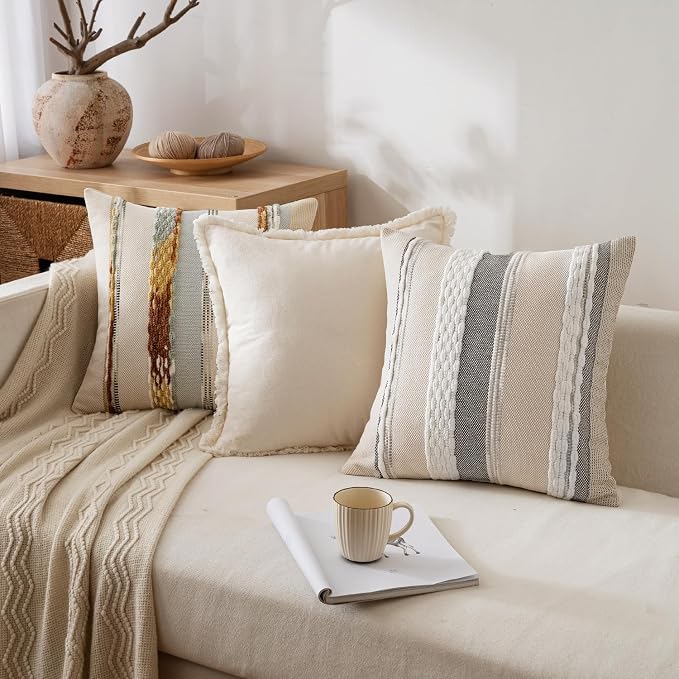 ANRODUO Boho Decorative Pillow Covers 26x26 Blue-Earth Tones Pack of 2 | Throw Pillow Covers, Farmhouse Cushion Case, Chenille Pillow Cases, Pillow Covers, Neutral Pillowcase for Sofa Couch Bed