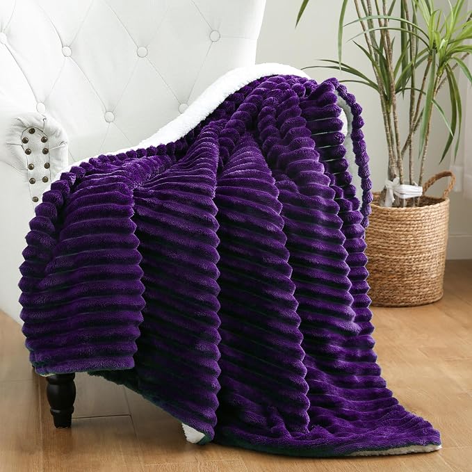 Purple Sherpa Fleece Throw Blanket 60”×80”for Couch Sofa Bed | Double Side Soft Fuzzy Cozy Plush Thick Flannel Blanket with Striped Design Gift for Adults,Woman