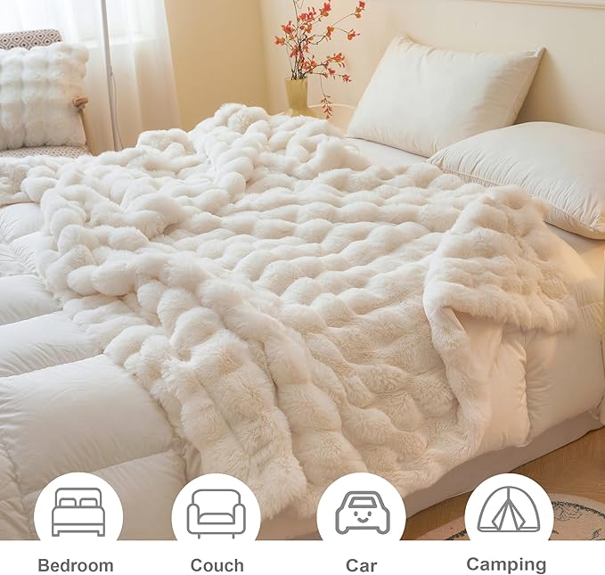 LIFEREVO Luxury Fluffy Faux Rabbit Fur Throw Blanket 50x60, Beige | Plush Shaggy Bubble Blanket for Bed Couch Sofa Office, Decorative Soft Cute Furry Ivory Throw for Kids Teens Adults, Washable