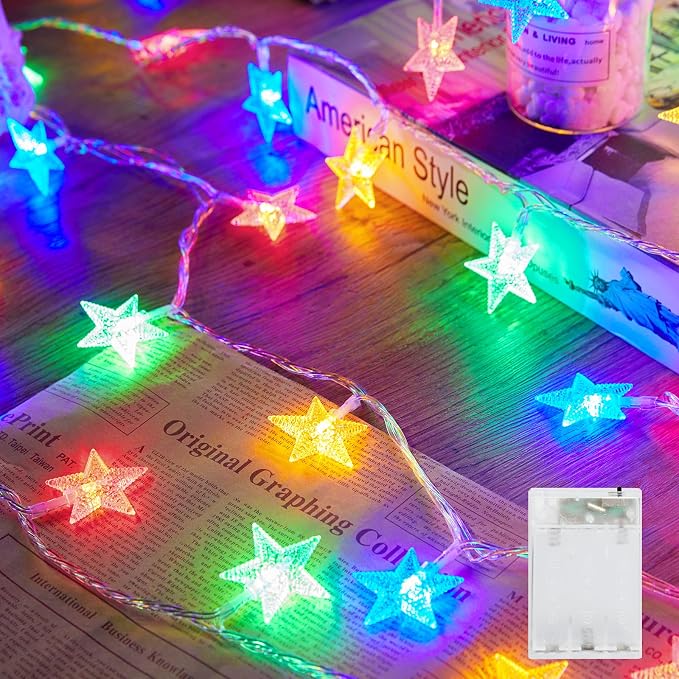 Minetom Star String Lights Battery Operated - 17 ft 50 LED Star Fairy String Lights with Timer, Waterproof for Indoor Bedroom Tent Loft Bed Patio Party Wedding Decor, Multi-Color