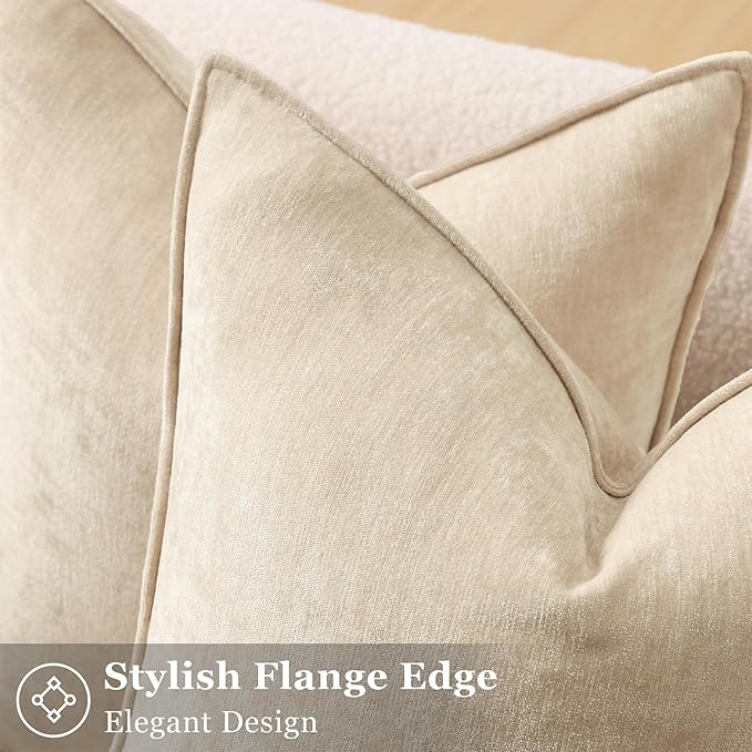 decorUhome Chenille Beige Velvet Throw Pillow Covers 18x18 Set of 2 | Fall Soft Couch Decorative Modern Farmhouse Pillow Cases with Elegant Design for Sofa Bed Living Room Home Decor