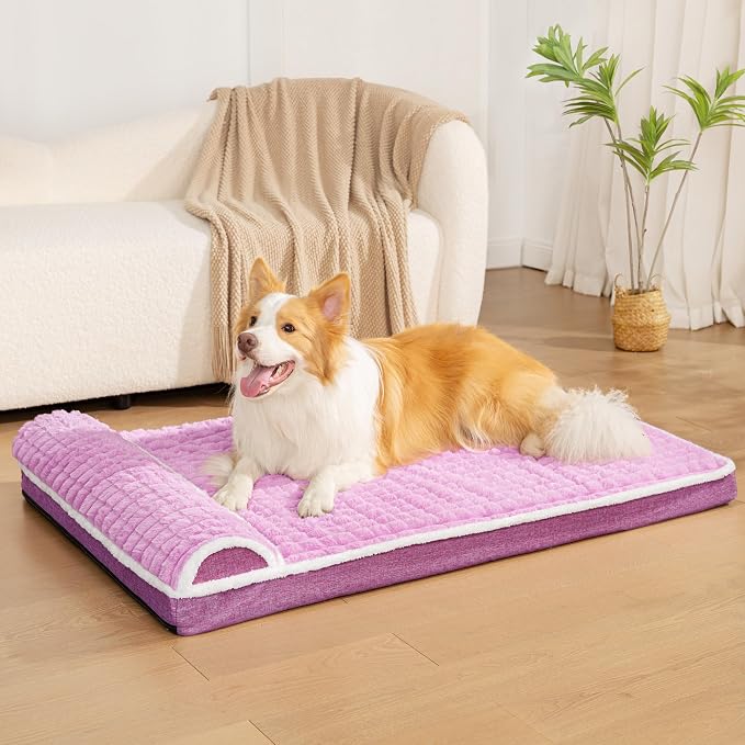 Orthopedic Large Dog Bed Pillow Pet Sofa Bed 56''X40'' Lilac | Egg-Crate Foam Pet Couch Large Sized Dog, Waterproof Removable Washable Cover,Furry Puppy Crate Mat With Nonskid Bottom