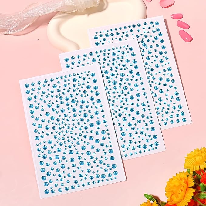 975Pcs Crystal Pcs Face & Eye Jewels STLK, Adhesive Rhinestones 3/4/5/6 mm DIY Body Gems Crafts (gem lightblue)