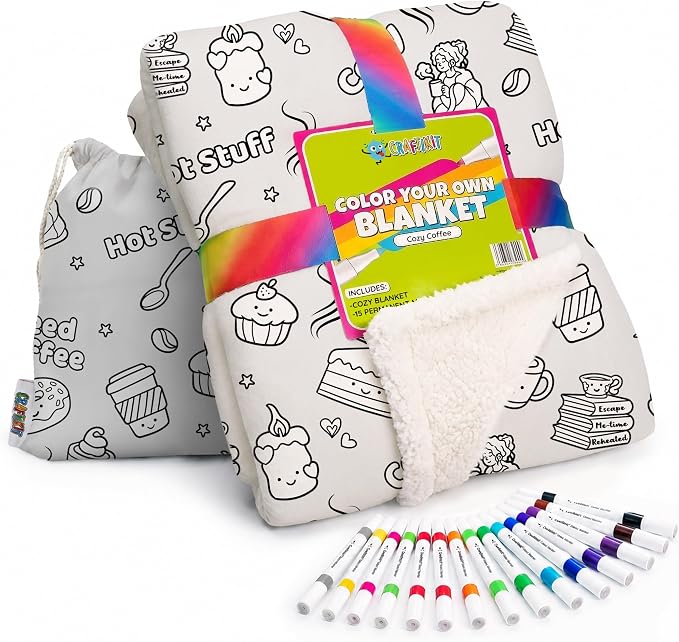 Craftikit Coffee Coloring in Blanket for Adults - Sherpa Throw -15 Markers | 40" x 60", Fabric Markers Included, Permanent Vibrant Fleece Design, Ages 3+, Machine Washable, Gift Wrapped