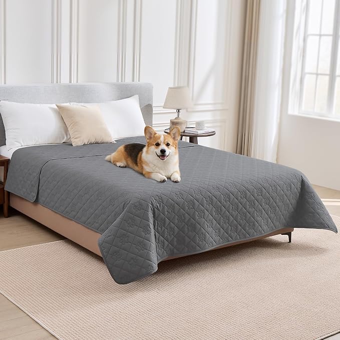 PAWFINITY Waterproof Bed Cover for Dogs, Pet Blanket for Mattress Washable | Paw Print Quilted, Hair Resistant, Anti Cat Scratch, Pee Proof Furniture Protector for Cal King Bed, 82x102 Inch, Grey