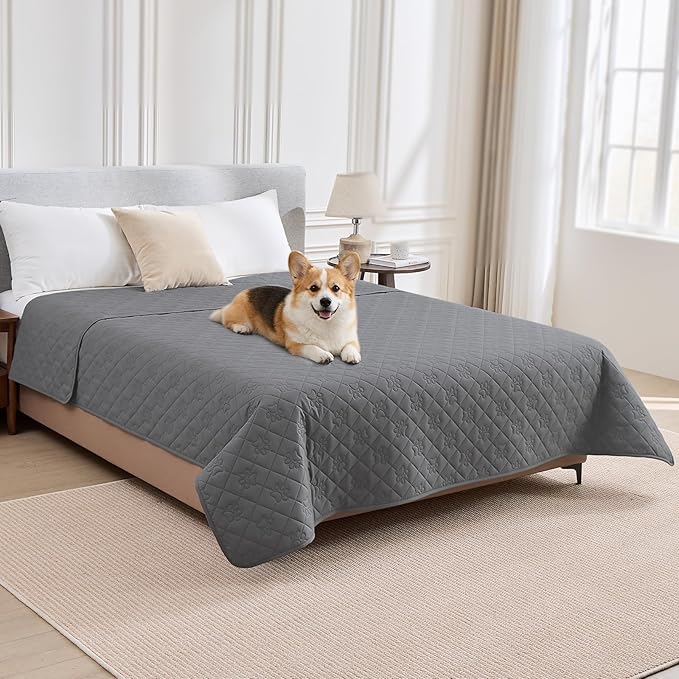 PAWFINITY Waterproof Bed Cover for Dogs, Pet Blanket for Mattress Washable | Paw Print Quilted, Hair Resistant, Anti Cat Scratch, Pee Proof Furniture Protector for Bed, Couch and Sofa, 52x82 Inch, Grey