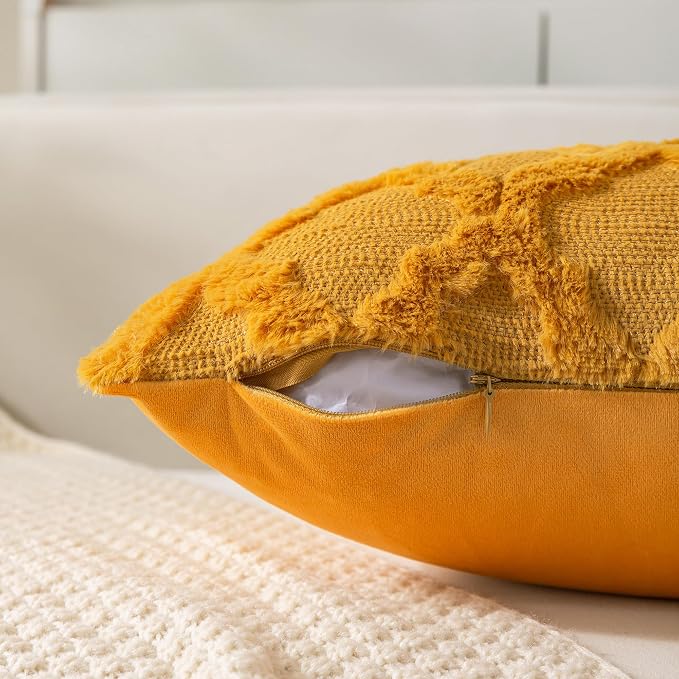 Set of 2 Soft Moroccan Throw Pillow Covers 20x20 Inch Plush Boho Decorative Pillow Cover Accent Cushion Case for Couch Sofa Bed, Mustard Yellow