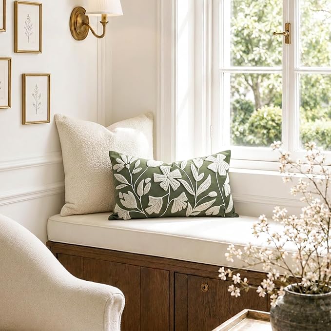 Decorative Lumbar Pillow Cover 12x20 Inch, Olive Green Floral Tufted Velvet Accent Pillow Case for Sofa Bed Living Room, Cover Only