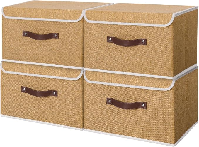 ANMINY Fabric Storage Box Bins with Lids, Khaki, 13"x9"x7.9", 4 Pack | Keepsake Memory Storage, Cotton Linen, PP Board Reinforced, Washable, PU Handles, Foldable & Stackable, Decorative, Medium