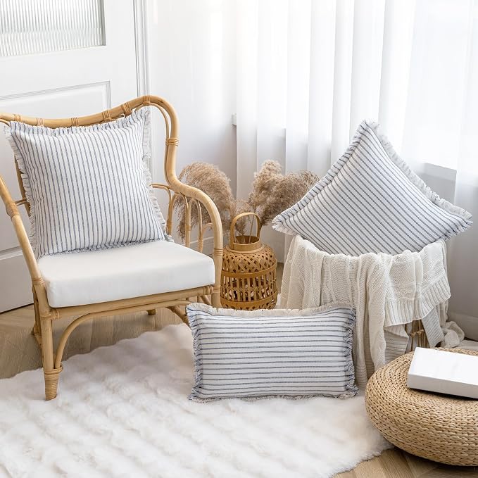 YEENAASY Throw Pillow Covers 24x24 Boho Striped Pillow Cases with Tassel | Set of 2 Fringe Pillow Cover Farmhouse Cushion Covers Neutral Pillows Decorative Square Pillowcase for Couch Sofa Bed, Blue