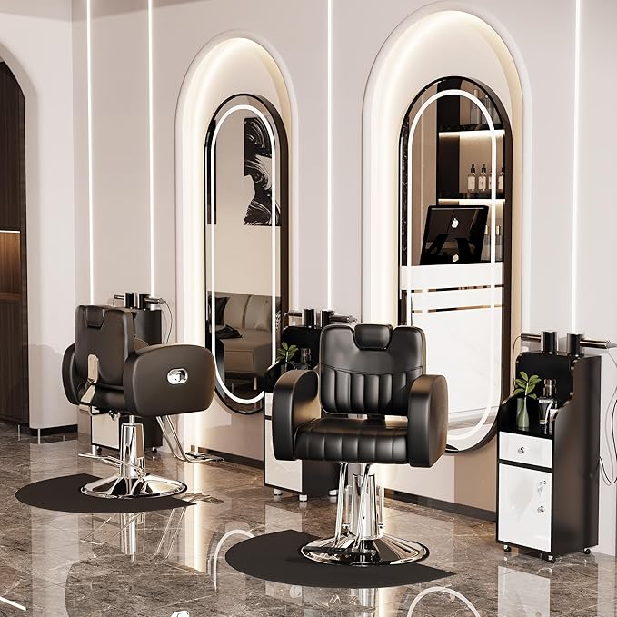 Baasha Ergonomic Black and Silver Salon Chair with Comfortable Thickened Cushions, Heavy Duty Reclining Stylist Chair for Hair braiding, Extensions, Tattooing, Weight Capacity 440 lbs